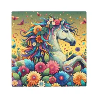 Pretty Whimsical Colorful Flowers and White Horse Metal Print