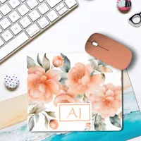 Modern Watercolor Peach Fuzz Floral Monogrammed Mouse Pad