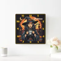 Enchanting witch holds skull mug at Halloween dusk Square Wall Clock