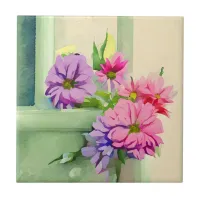 Pink and Purple Flowers on Window Sill Ceramic Tile