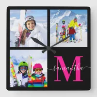 Signature Hot Pink Monogram Photo Collage Black Square Wall Clock