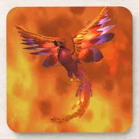 Colorful Phoenix Flying Against a Fiery Background Beverage Coaster