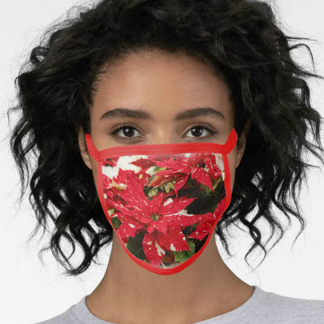 Festive Red White Floral Poinsettia Flowers Face Mask