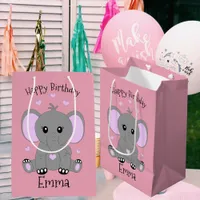 Cute baby elephant in pink for girls, birthday  medium gift bag