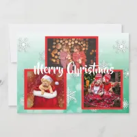 Green and White Snowflakes Family Photos Christmas Invitation