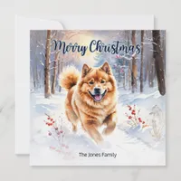 Chow Chow Dog In Snow Watercolor Merry Christmas Holiday Card