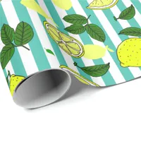 Mediterranean Yellow Lemons on Teal Blue Stripes Wrapping Paper