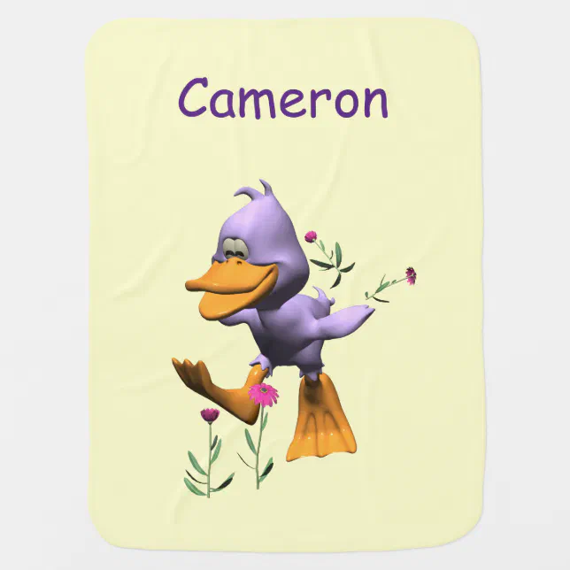 Cute Happy Cartoon Duck Running Through Flowers Baby Blanket
