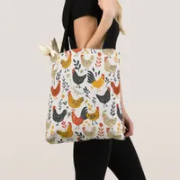 Roosters and Chickens Simple Illustration Print Tote Bag