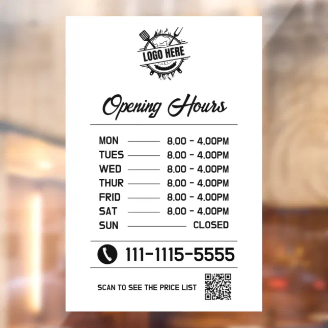 White Business Opening Hours Logo And QR Code Window Cling