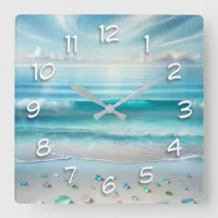Pretty Blue Ocean Waves and Sea Glass  Square Wall Clock