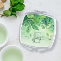 Modern Watercolor Greenery Elegant Monogrammed Compact Mirror