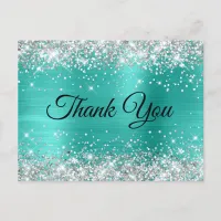 Silver Glitter Turquoise 75th Birthday Thank You Postcard