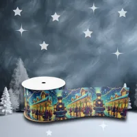 Vintage Train Station on Christmas Eve Snowy Night Satin Ribbon