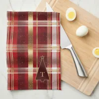 Red Gold Christmas Tree Tartan Pattern#7 ID1009 Kitchen Towel