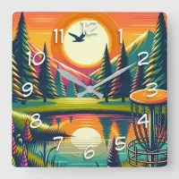 Retro Disc Golf Sunset and Trees Square Wall Clock