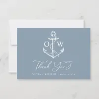 Dusty Blue Monogram Anchor Nautical Wedding Thank You Card