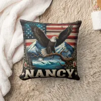 Majestic Eagle Perched Amidst Mountains and Flag Throw Pillow