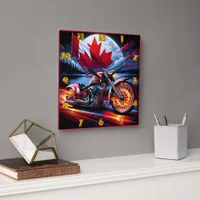 Vibrant motorcycle with Canadian flag near a lake Square Wall Clock