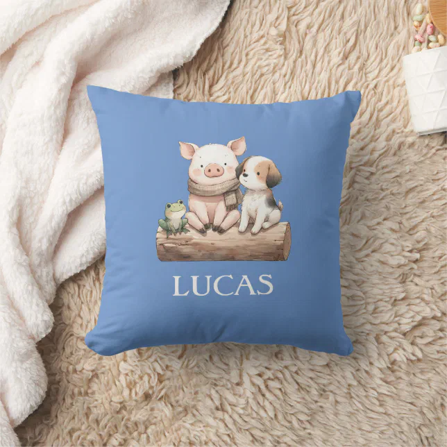 Dog, Frog, and Hog on a Log! Custom Name Cute Kids Throw Pillow