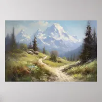 Oil painting winding path foothills of mountain poster