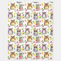 Colorful Woodland Owls and Leaves Watercolor Fleece Blanket