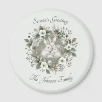 Cute Rabbits in a Floral Winter Wreath Magnet