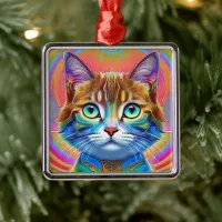 Whimsical Mystical Colorful Cat Metal Ornament