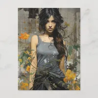 A beautiful Woman long hair yellow flowers collage Postcard