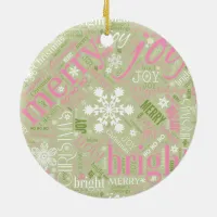 Christmas Text and Snowflake Pattern Pink ID257 Ceramic Ornament