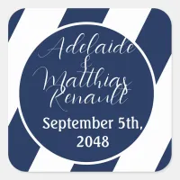 Elegant Nautical Striped Wedding -Navy Blue, White Square Sticker