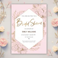 Pink Bridal Shower with Gold Flowers and Leaves  Invitation