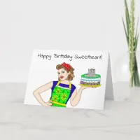 Happy Birthday Sweetheart Retro Lady Holding Cake Card