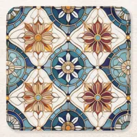 Ornate Moroccan Tile Pattern#3 Blue Gold ID1078 Square Paper Coaster