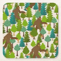 Funny Bigfoot in the Woods Square Paper Coaster