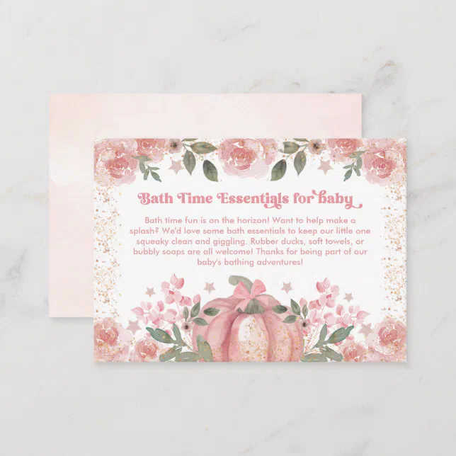 Bath Time Essentials for baby Shower Pink Pumpkin Enclosure Card