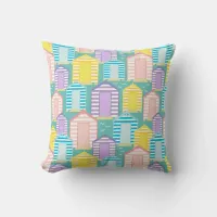 Beach Huts and Seagulls Pattern on Teal Blue Throw Pillow