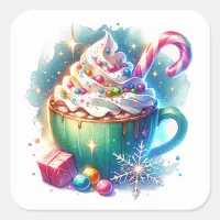 Pretty Watercolor Christmas Cup of Hot Cocoa Square Sticker