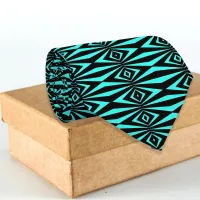 Trendy Teal & Black Op Art Geometric Pattern Neck Tie