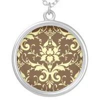 Damask Victorian Vintage Yellow & Brown Silver Plated Necklace