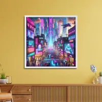 Vibrant Neon Cyberpunk Cityscape Fantasy | Framed Art