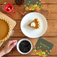 Happy Thanksgiving Fall Colorful Foliage On Wood Square Paper Coaster