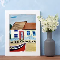 Beach House and Boat on Sandy Beach Poster