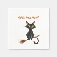 Black Cat on a Witch's Broom Happy Halloween Napkins