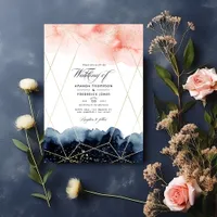 Navy and Blush Watercolor Geometric Wedding Photo Invitation