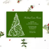 White Christmas Tree on Green Holiday Open House Invitation