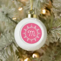 Pink White Monogram Snowflake Star Christmas Tree Ceramic Ball Christmas Ornament