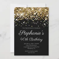 Gold Glitter Black Elegant 40th Birthday Invitation