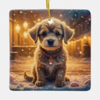 Cute Puppy Dog Playing in the Snow Christmas Ceramic Ornament