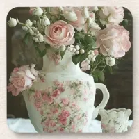 Pretty Pink Roses in Vintage Antique China Teapot Beverage Coaster